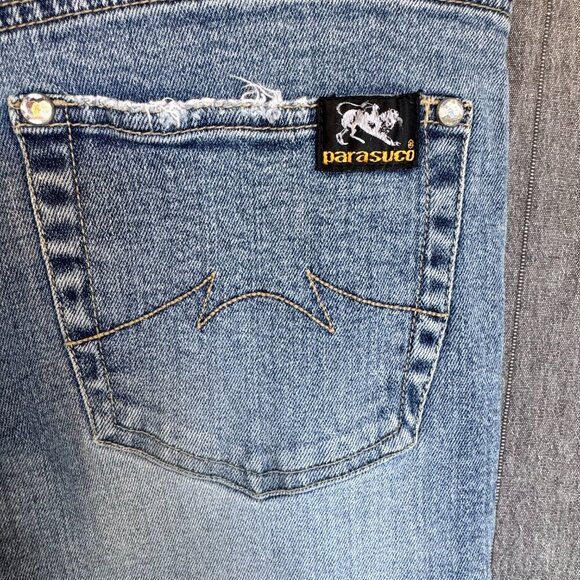 Y2K Vintage Parasuco Mid Rise Clear Rhinestone Raw Waist Flare Leg Jeans Size 4 - Picture 8 of 16